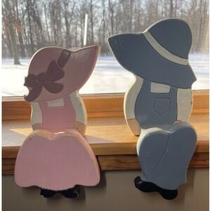 Vintage Wood Shelf Sitters Country Folk Art Hand Painted Boy Girl Cottage Core